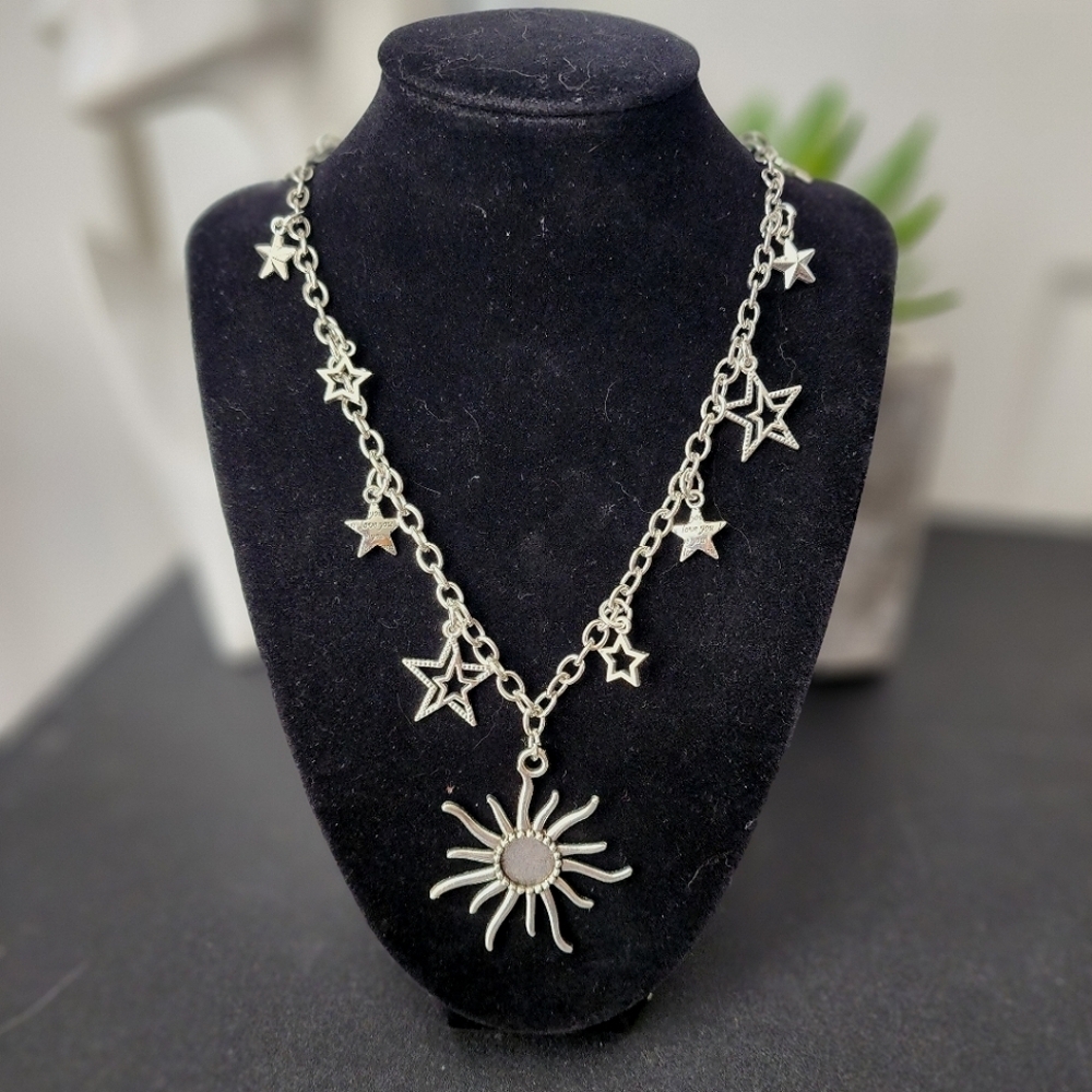 Silver Stainless Steel Chain Necklace with Sun and Star Pendant Charms